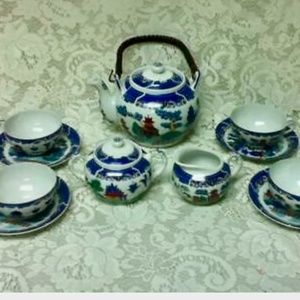 Vintage, Rare, Made in Japan,13-pc PolychromeWillow with Lithopane Cups-Tea Set